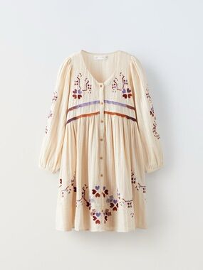 Cream Embroidered Button-Front Kids Dress